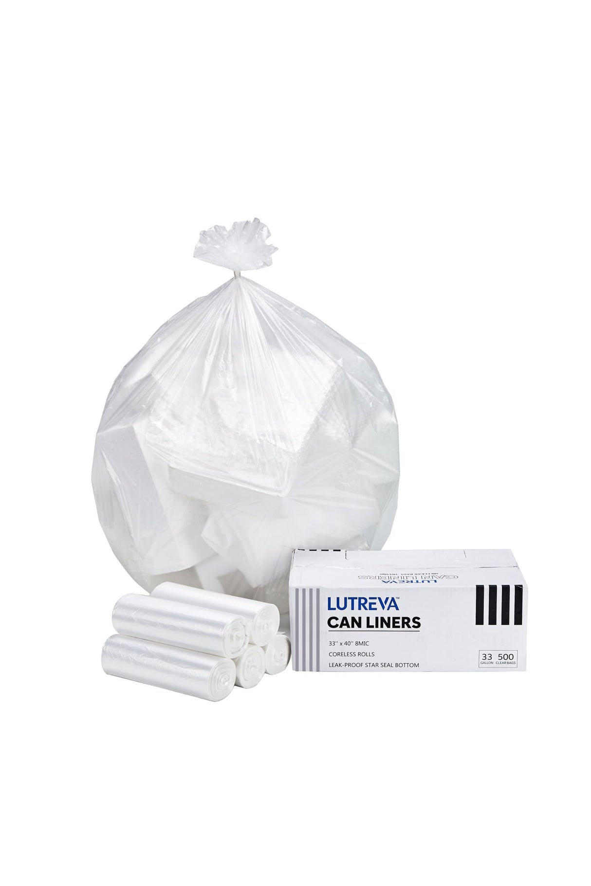 LUTREVA 33 Gallon Clear Trash Can Liners, 500 Count, 33'' x 40'', High Density Garbage Bags for Home, Outdoor, Recycling, Commercial, Industrial Use