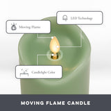 Matchless Candle Co. by Luminara Set of 3 (3" x 4.5",5.5",6.5") Flameless LED Flickering Battery Candle Moving Flame Pillar, Melted Edge, Real Wax Smooth Finish (Pastel Green)