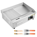 VEVOR Commercial Electric Griddle, 21.06 x 11.81 inch, 1750W, 122-570°F Adjustable Temp Control, Stainless Steel Body, Half Grooved Half Flat, with 2 Spatulas, 2 Brushes, and 4 Foot Pads, for Steak