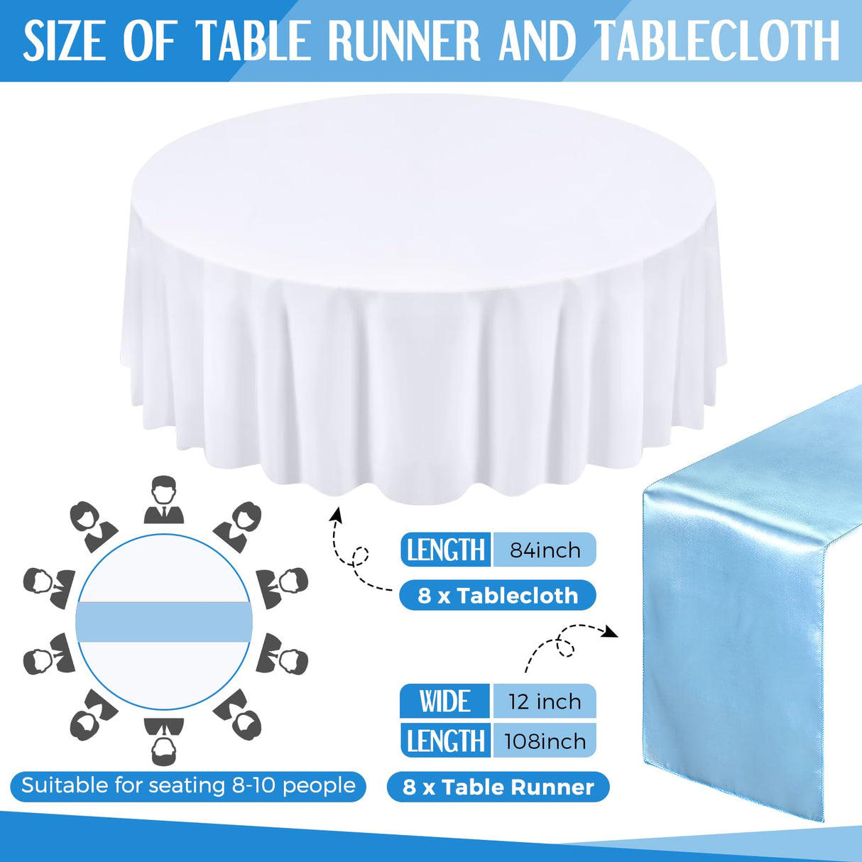 Tudomro 16 Pcs White and Light Blue Round Plastic Tablecloth and Satin Table Runner Set 84 Inch Round Covers 12 x 108 Inch Table Runners for Christmas Wedding Birthday Party Baby Shower