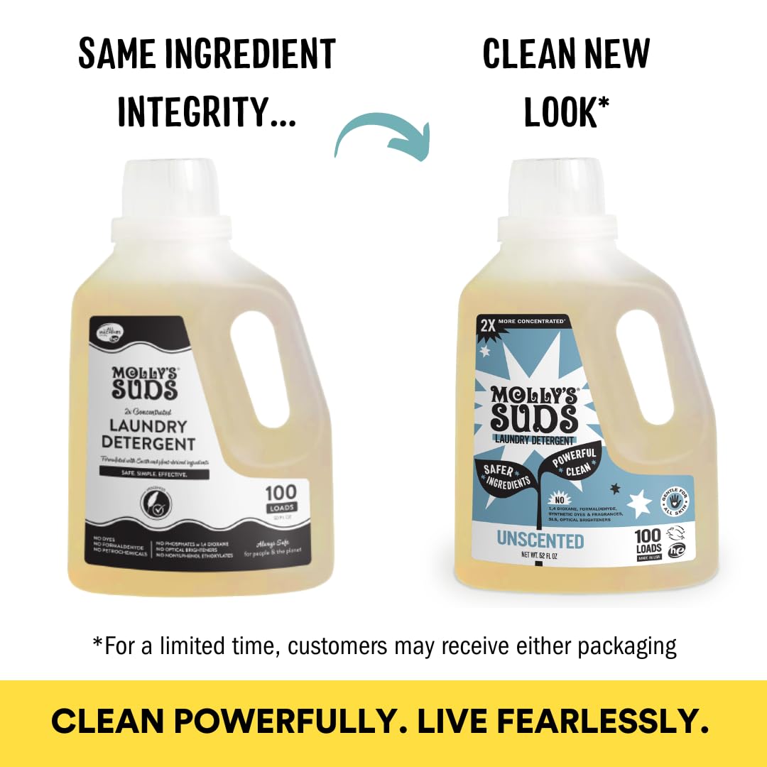 Molly's Suds Liquid Laundry Detergent | Clean Laundry Detergent Soap for Sensitive Skin | 2x Concentrated, High Efficiency (HE) | Unscented - 100 Loads