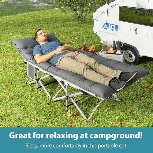 Folding Camping Cot for Adults, 2 Pack Heavy Duty Sleeping Cots with Carry Bag, Double Layer Oxford Portable Travel Camp Cots for Outdoor Camp Beach Home Office (Blue Pad & Gray Pad, 2PACK)