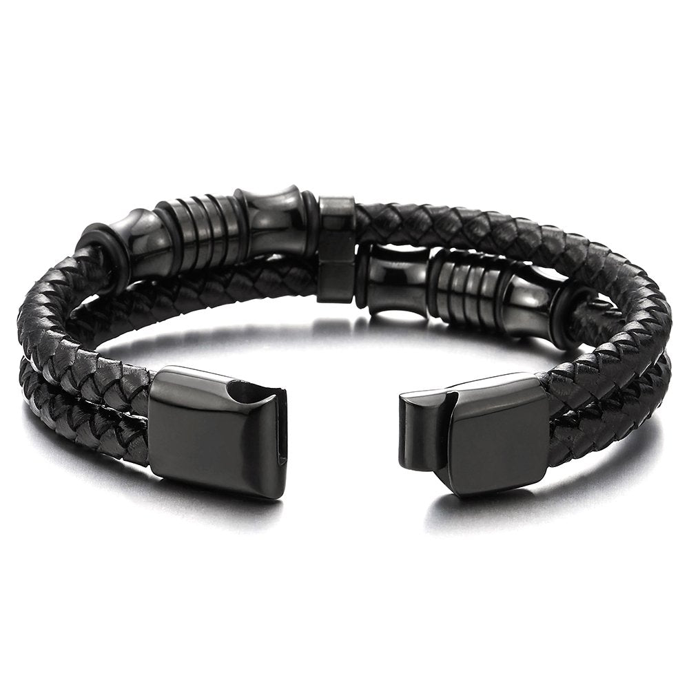 Men's Black Braided Leather Bracelet with Stainless Steel Accents Double-Layer Design Durable Biker Punk Style Wristband Modern Minimalist Fashion Jewelry for Men