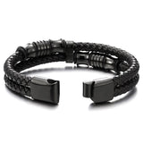 Men's Black Braided Leather Bracelet with Stainless Steel Accents Double-Layer Design Durable Biker Punk Style Wristband Modern Minimalist Fashion Jewelry for Men