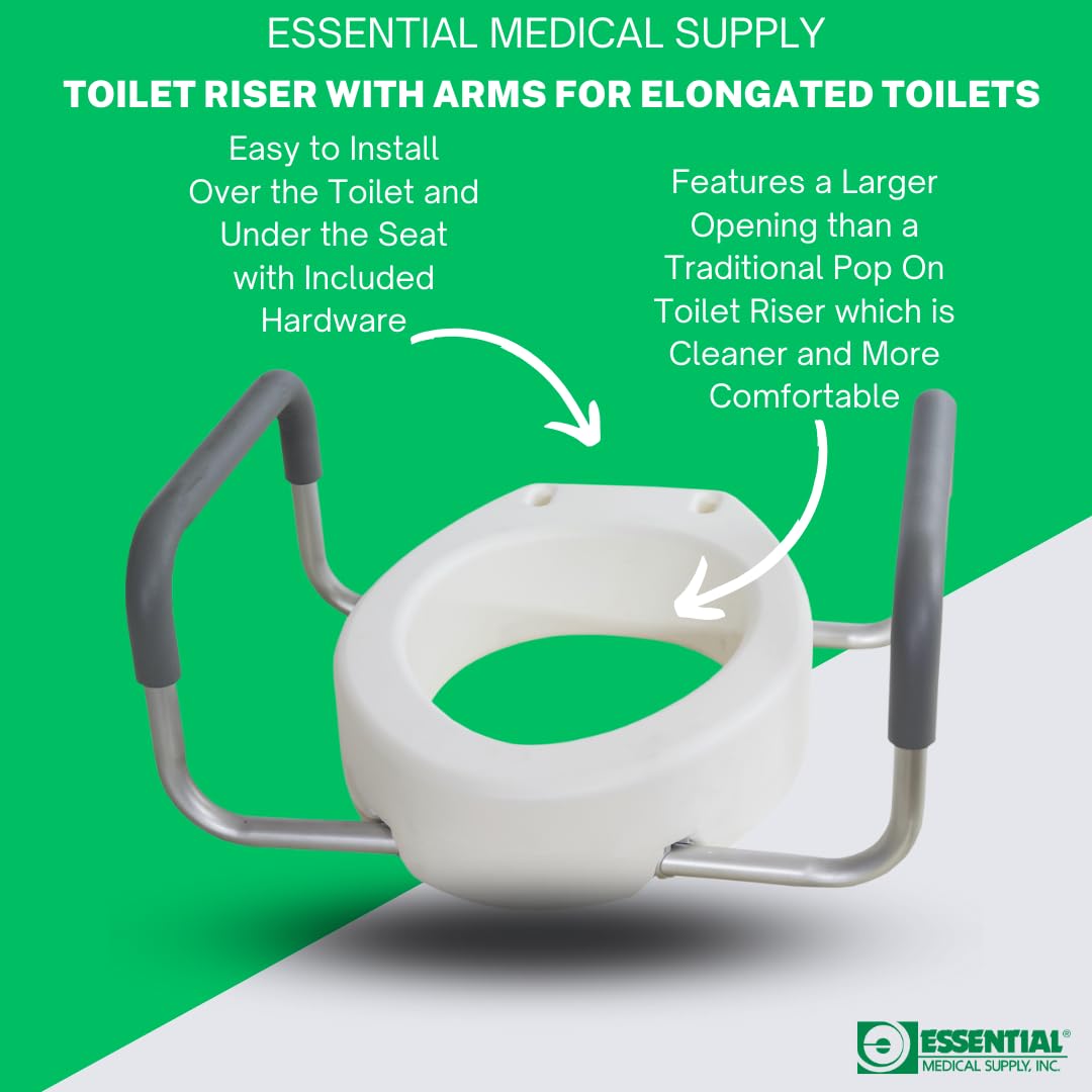 Essential Medical Supply Raised Elevated Toilet Seat Riser for an Elongated Toilet with Padded Aluminum Arms for Support and Compatible with Existing Seat, Elongated, 19 x 14 x 3.5