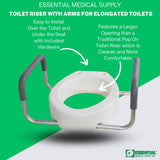 Essential Medical Supply Raised Elevated Toilet Seat Riser for an Elongated Toilet with Padded Aluminum Arms for Support and Compatible with Existing Seat, Elongated, 19 x 14 x 3.5