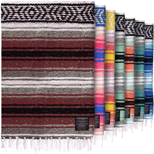 Authentic Large Handwoven Mexican Blanket - Soft Yoga- Durable Serape- Lightweight Falsa, Beach, Camping, Picnic, Outdoor Blanket 70"x50" - Cherry