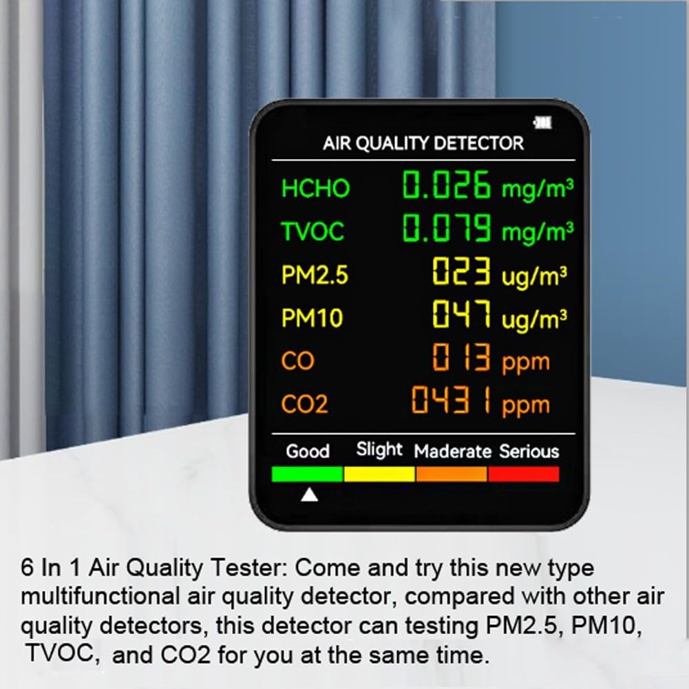 Oniissy 6 In 1 Air Quality Monitor,Detects PM2.5/PM10/TVOC, Air Quality Tester, Indoor Air Quality Detector, Air Pollution Meter For Home/Grow Tents/Offices (Black)