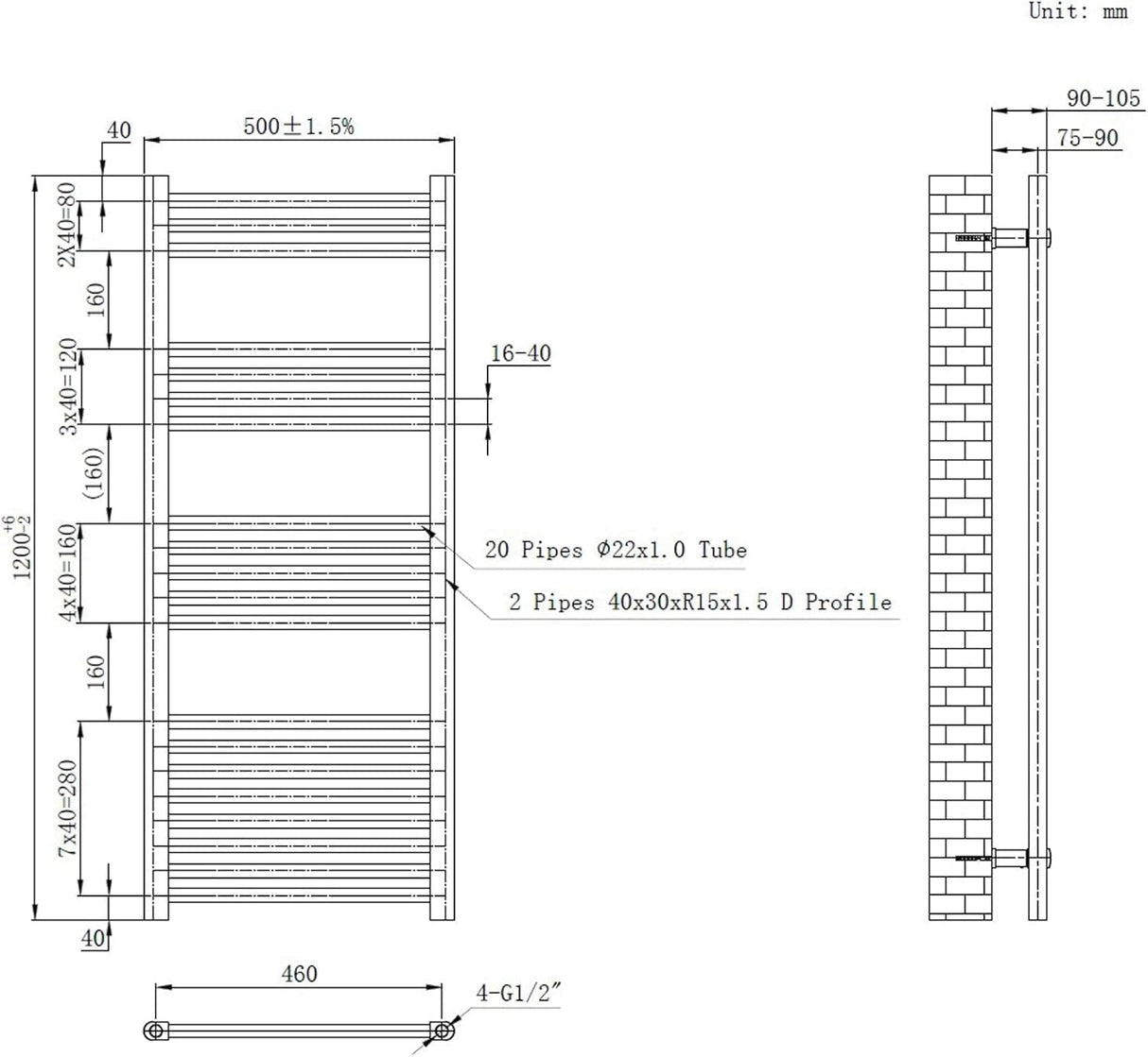 Nola Bathroom Towel Rail Heated Bathroom Radiator Wall Mounted Ladder Design Grey - 1200mm x 500mm