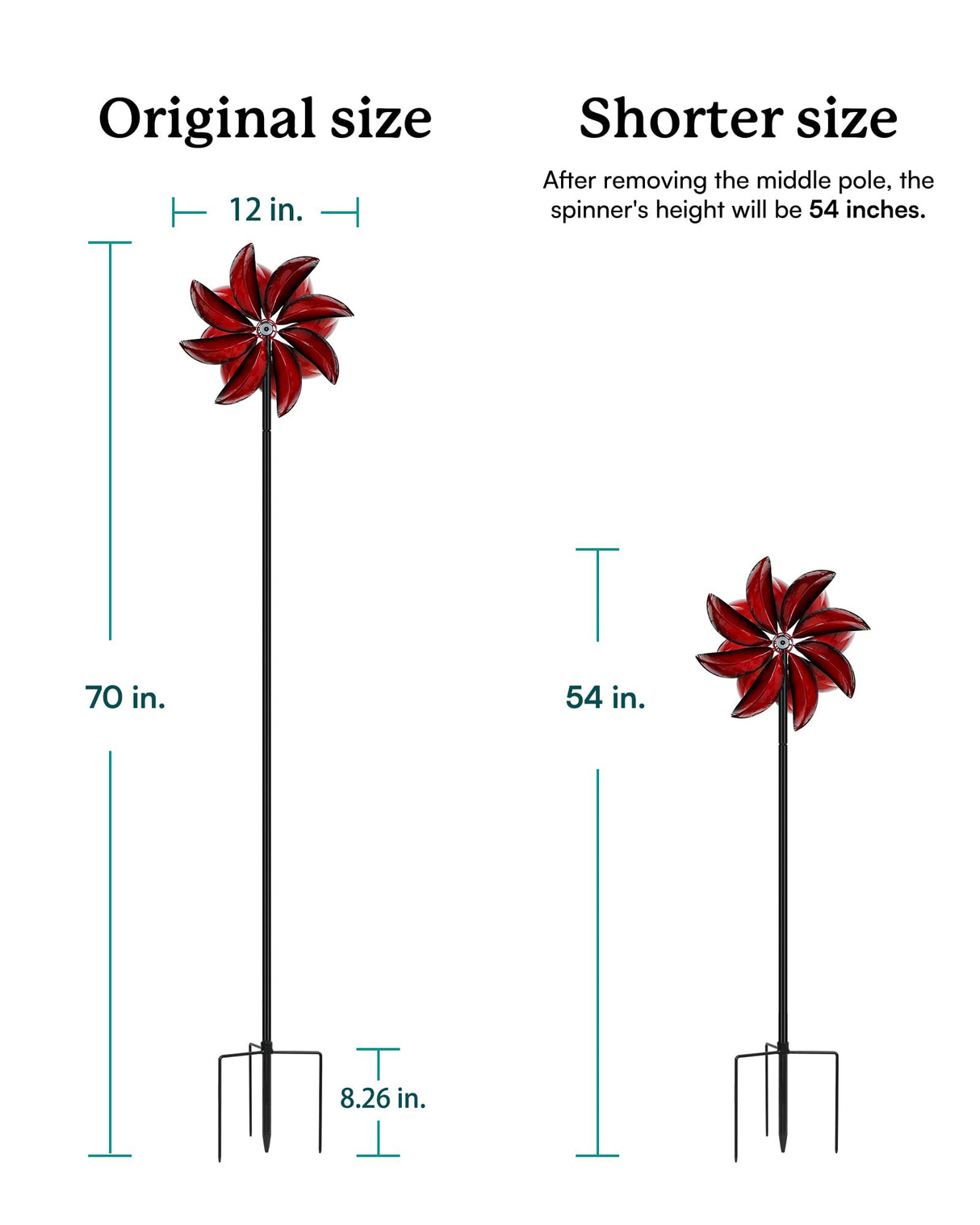 Cyan Oasis Wind Spinners Outdoor - Red Metal Windmill with Stake for Yard and Garden, Kinetic Wind Sculptures & Spinners, Gift Decor Ideas for Garden Lovers (12" W x 70" H)