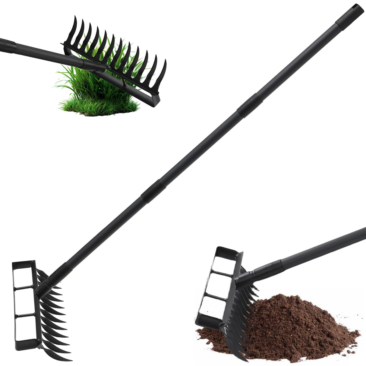 Weed Puller Tool with 76" Long Handle, 2 in 1 Hula Garden Hoe Tool, 12 Tines Garden Weeders Rake and Cultivators Tillers for Gardening, Weeding, Seeding, Ditching, Loosening