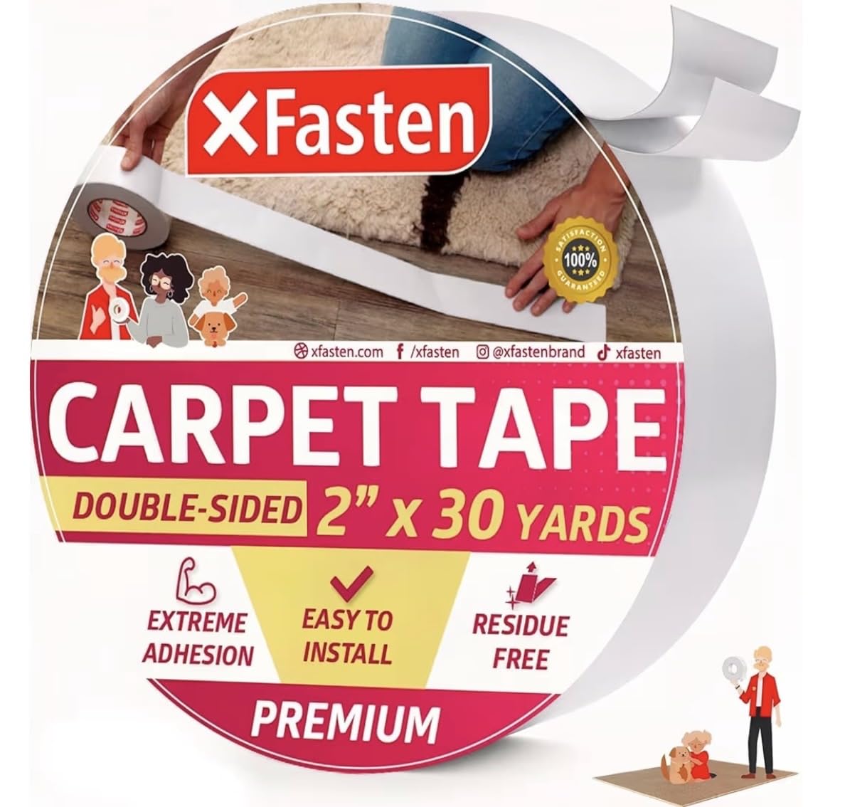 XFasten Double Sided Carpet Tape for Area Rugs, 2 Inch x 30 Yards – Heavy Duty Anti Slip Rug Grip Tape, Works as Rug Grippers, Residue Free, Wood Safe, Easy Removal for Hardwood and Laminated Floors