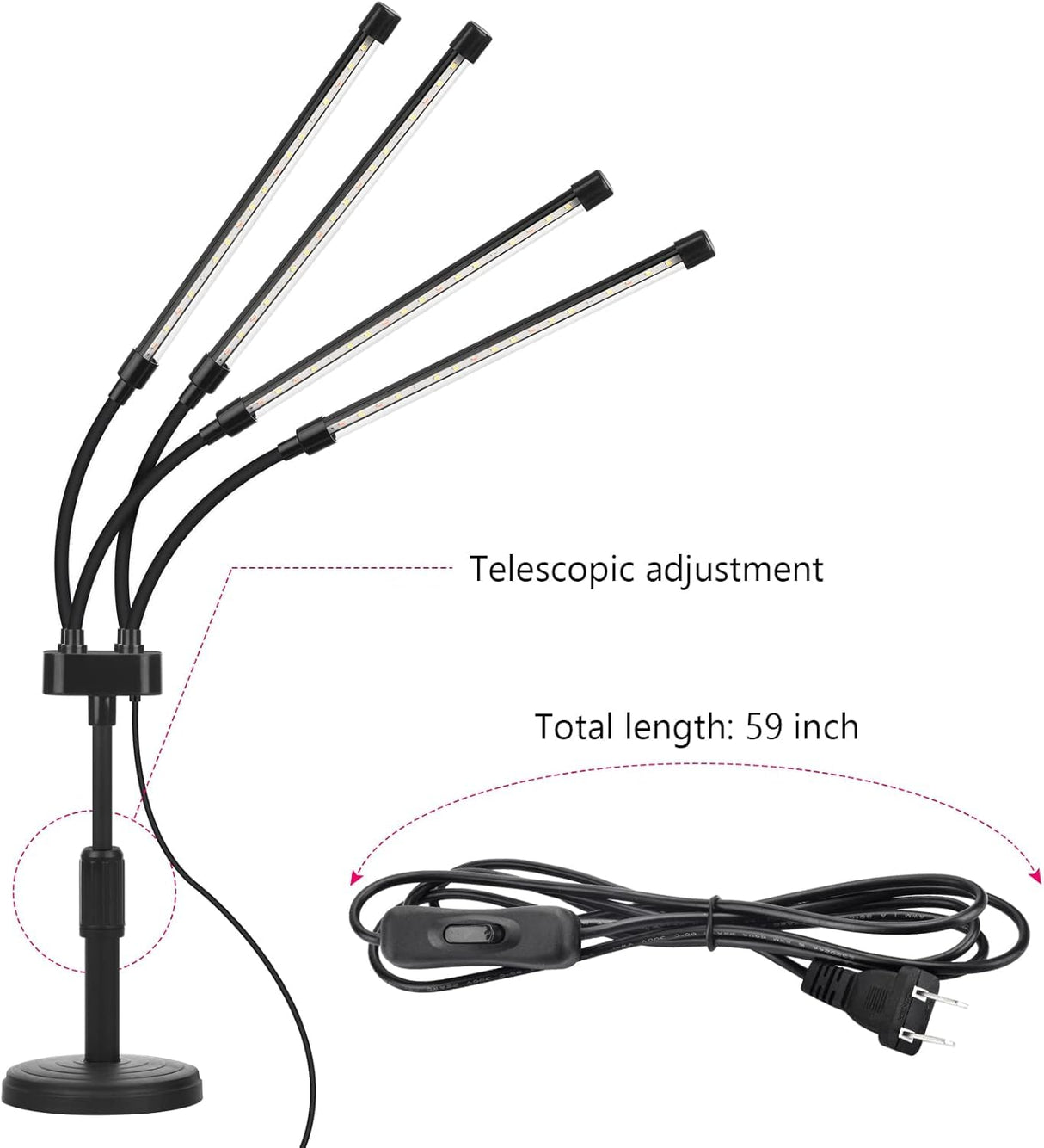 SYEIORAOM Grow Lights for Indoor Plants, Four Head LED Grow Light with Full Spectrum, Red White Spectrum for Indoor Plant Lamp, Adjustable Gooseneck, Suitable for Vegetation