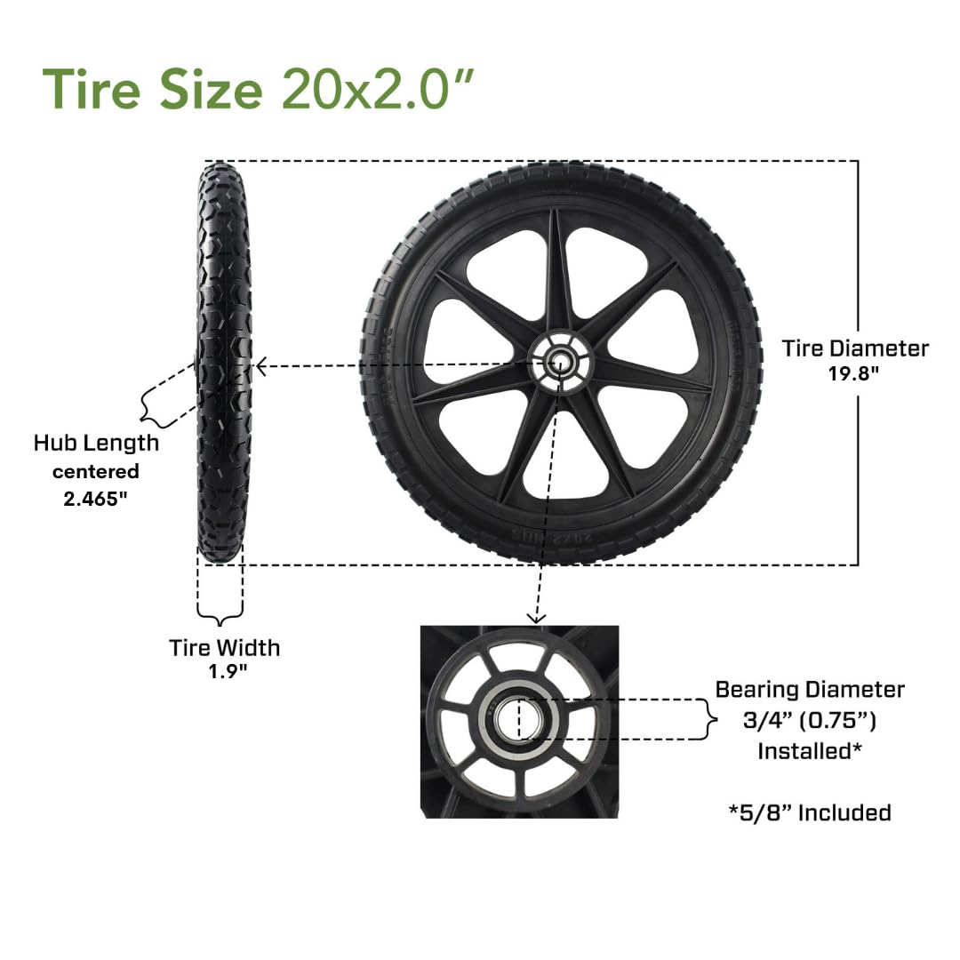 Marathon 92010-2PK Flat-Free 20" Tire and Wheel Assembly, Centered Hub, Ball Bearings, Heavy-Duty Plastic Spoked Wheel, Replacement for Rubbermaid Big Wheel and other Carts, Easy Install, 2 Pack