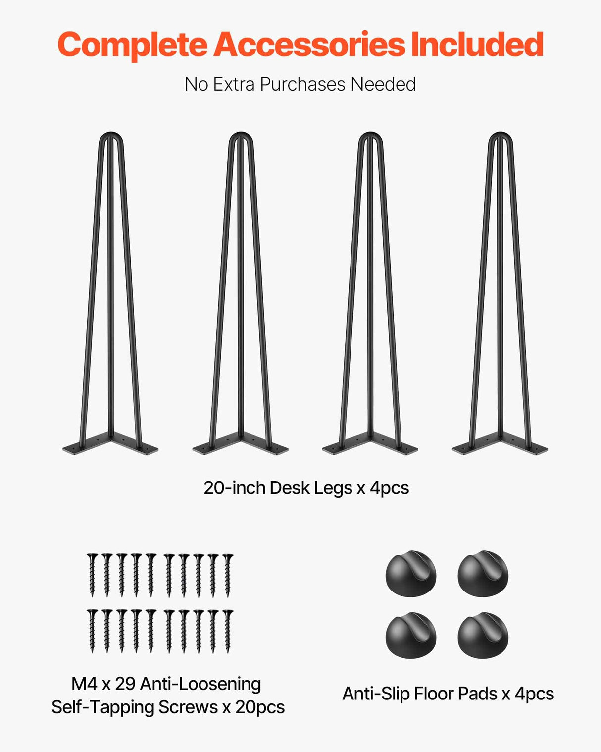 VEVOR Hairpin Table Legs 20" Black Set of 4 Desk Legs 880lbs Load Capacity (Each 220lbs) Hairpin Desk Legs 3 Rods for Bench Desk Dining End Table Chairs Carbon Steel DIY Heavy Duty Furniture Legs