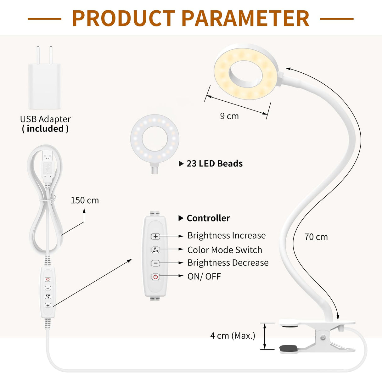 iZELL Reading Light, USB Clamp Lamp for Child Reading Book in Bed at Night, LED Small Desk Lamp with Silicone Adjustable Arm Clip on Beside Table for Studying Working Drafting Sewing - 15.8‘’ White