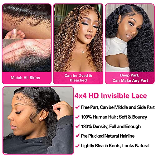 Lace Front Wigs Human Hair Water Wave Brazilian Virgin Hair 180% Density 4X4 Water Curly Lace Closure Human Hair Wigs for Black Women Glueless Wigs with Baby Hair Natural Color 22 Inch Water Wave Wig