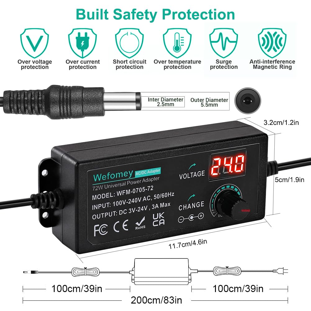 Universal Power Supply 3V~24V 3A 72W Adjustable Variable 3V 5V 9V 12V 18V 20V 24V AC/DC Adapter Charger, 100V-240V AC to DC Converter with 14 Tips, Polarity Converter and 4-Way Power Splitter Cable