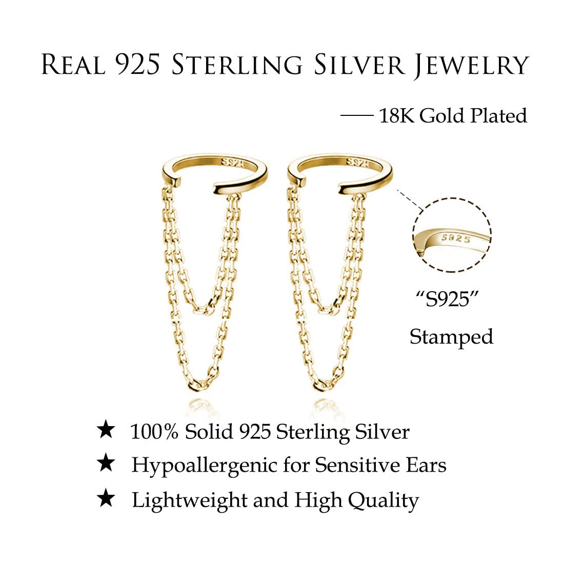 Reffeer Solid 925 Sterling Silver Minimalist Cuff Earrings Chain for Women Teens Cartilage Wrap Earrings Helix Cuffs (B-18K Gold)