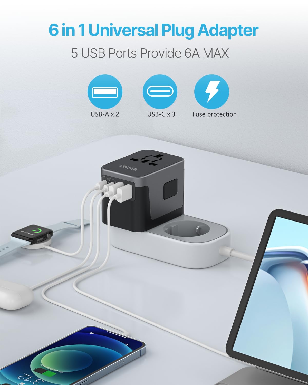 Universal Travel Adapter, VINTAR 35.5W International Power Adapter with 3 USB A QC and 2 USB C PD, All in One Plug Adapter Worldwide Travel Essentials for EU/UK/USA/AUS(Type C/G/A/I), Black