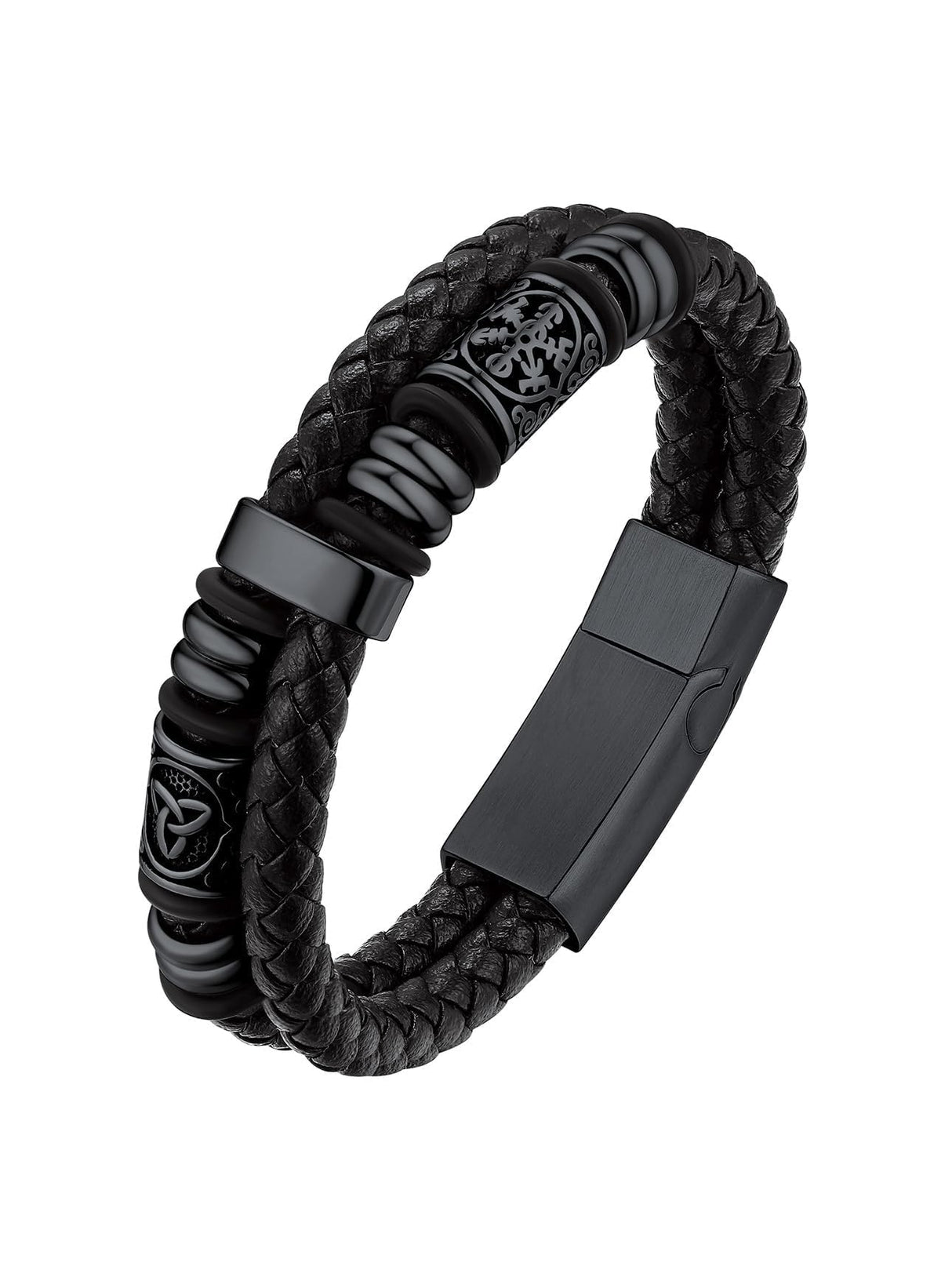 Bestyle Lucky Viking Celtic Bracelet Black Bracelet for Men Double Layer Black Leather Cuff Bracelet, Fashion Punk Retro Men Wristband Leather Bracelet Great Gift for Father Husband, 21cm/8.3 Inch