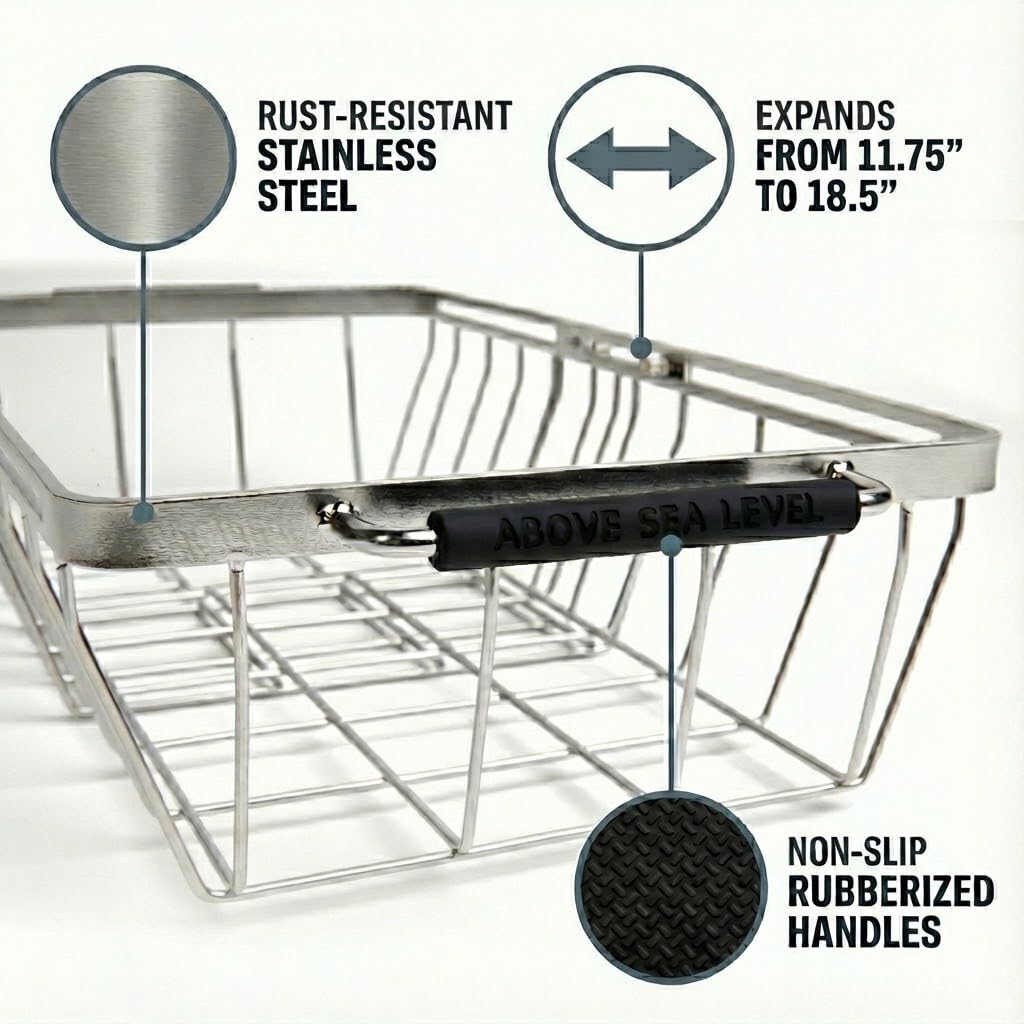 Adjustable Cooler Basket - Expands 11.75" to 18.5" - Non-Slip Rubber Handles, Universal Insert for Full Size Ice Chests, Dry Goods Tray Cooler Accessory - Fits Igloo, Coleman, Lifetime, Pelican, More