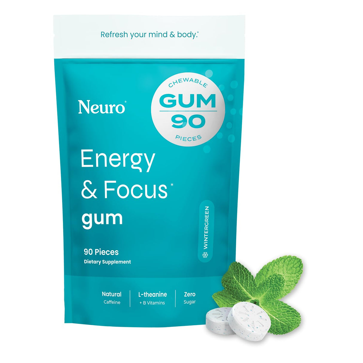 NeuroGum Energy & Focus Gum (90 Count Bag, Wintergreen) | 40mg Natural Caffeine + L-Theanine + Vitamin B12 & B6 + Xylitol | Sugar Free Nootropic Cognitive Brain Performance Supplement