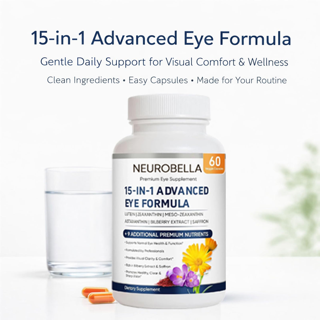 Neurobella Eye Formula, 15 in 1 Daily Eye Wellness Supplement with Lutein Zeaxanthin Bilberry & Vitamins, Clean Capsule Formula for Adult Wellness Routine (1)