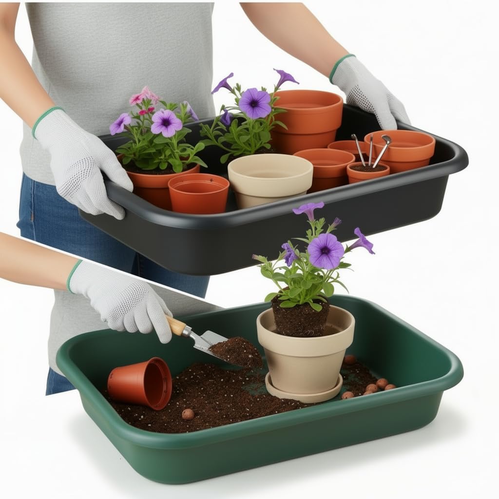 RooTrimmer 2 Pack Plant Repotting Tray – Multifunctional Heavy-Duty Large Capacity Gardening Tool for Seeding, Pot Moving, Soil Mixing, Hydroponic/Soil Cultivation, Transplanting,Black & Green