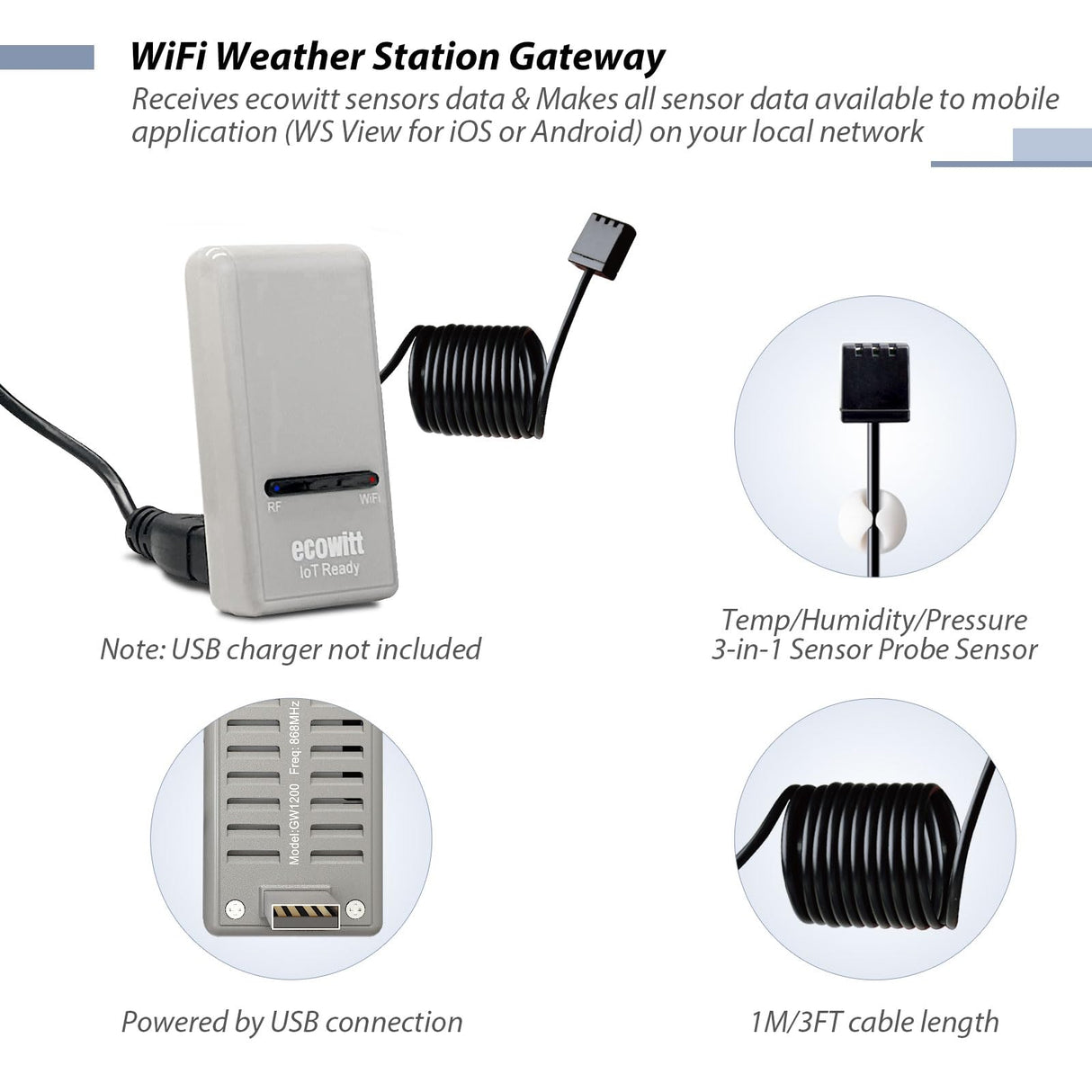 ECOWITT GW1206 Soil Moisture Tester Kit, Includes GW1200 IoT Wi-Fi Gateway and WH51 Soil Moisture Sensor, 915 MHz