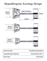 3 Pairs Moissanite Flatback Stud Earrings for Women, 925 Sterling Silver Hypoallergenic Flat Back Cartilage Earrings Set, 18K White Gold Plated (3,4,5mm)