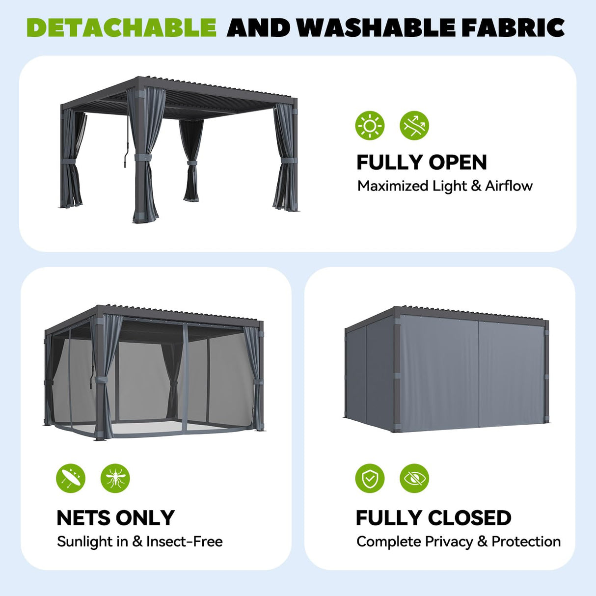 MELLCOM 10x12 Louvered Pergola Adjustable Roof w/Curtains & Mesh