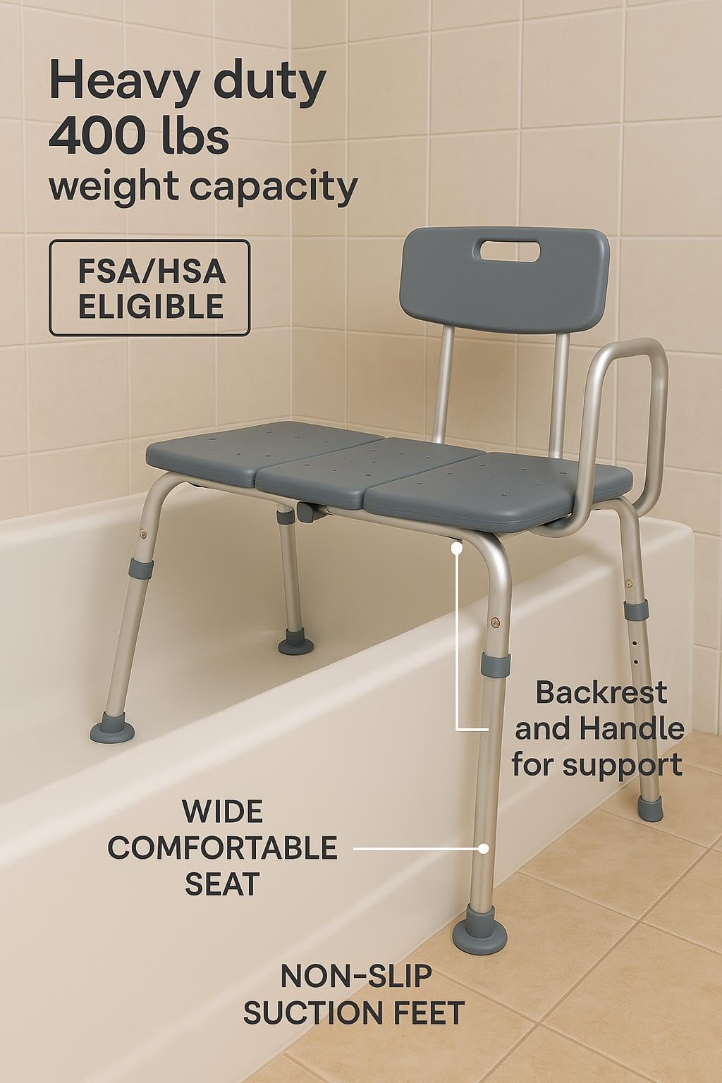 Dr. Dunley Transfer Bench for Bathtub FSA/HSA Eligible– Heavy Duty Shower Bench with Backrest, 400 lbs Weight Capacity, Height Adjustable Legs, Suction Feet, Bath Seat for Seniors, Elderly & Disabled