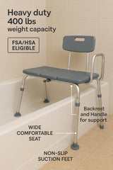 Dr. Dunley Transfer Bench for Bathtub FSA/HSA Eligible– Heavy Duty Shower Bench with Backrest, 400 lbs Weight Capacity, Height Adjustable Legs, Suction Feet, Bath Seat for Seniors, Elderly & Disabled