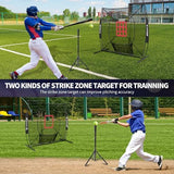 BAGAIL 7x7 ft Baseball & Softball Practice Net with Bow Frame for Batting, Hitting, Pitching, Portable Baseball Throwing Net with 2 Strike Zone Batting Tee, Carry Bag, Great for All Levels