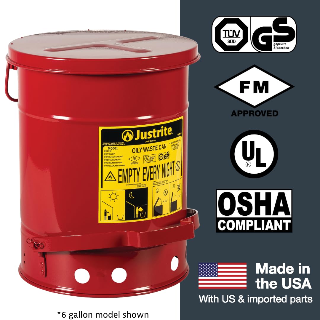 Justrite 10 Gallon Galvanized Steel Oily Waste Can, 18" x 14" Metal Oil Rag Safety Can With Foot Operated Self-Closing Lid for Oil Rag Disposal, Made in the USA, Red, 09300