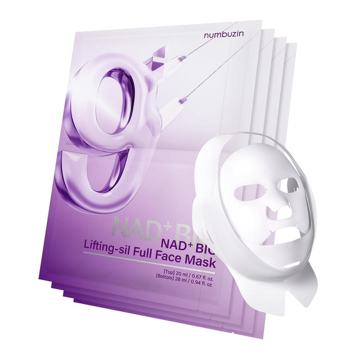 numbuzin No.9 Sheet Mask | NAD+ BIO Lifting-sil Full Face Mask | Improves Jawline, Jowls, Wrinkles, Neck Lines | Peptides, NAD+, Collagen | Skin Firmness | 4 Sheets + Lifting Band