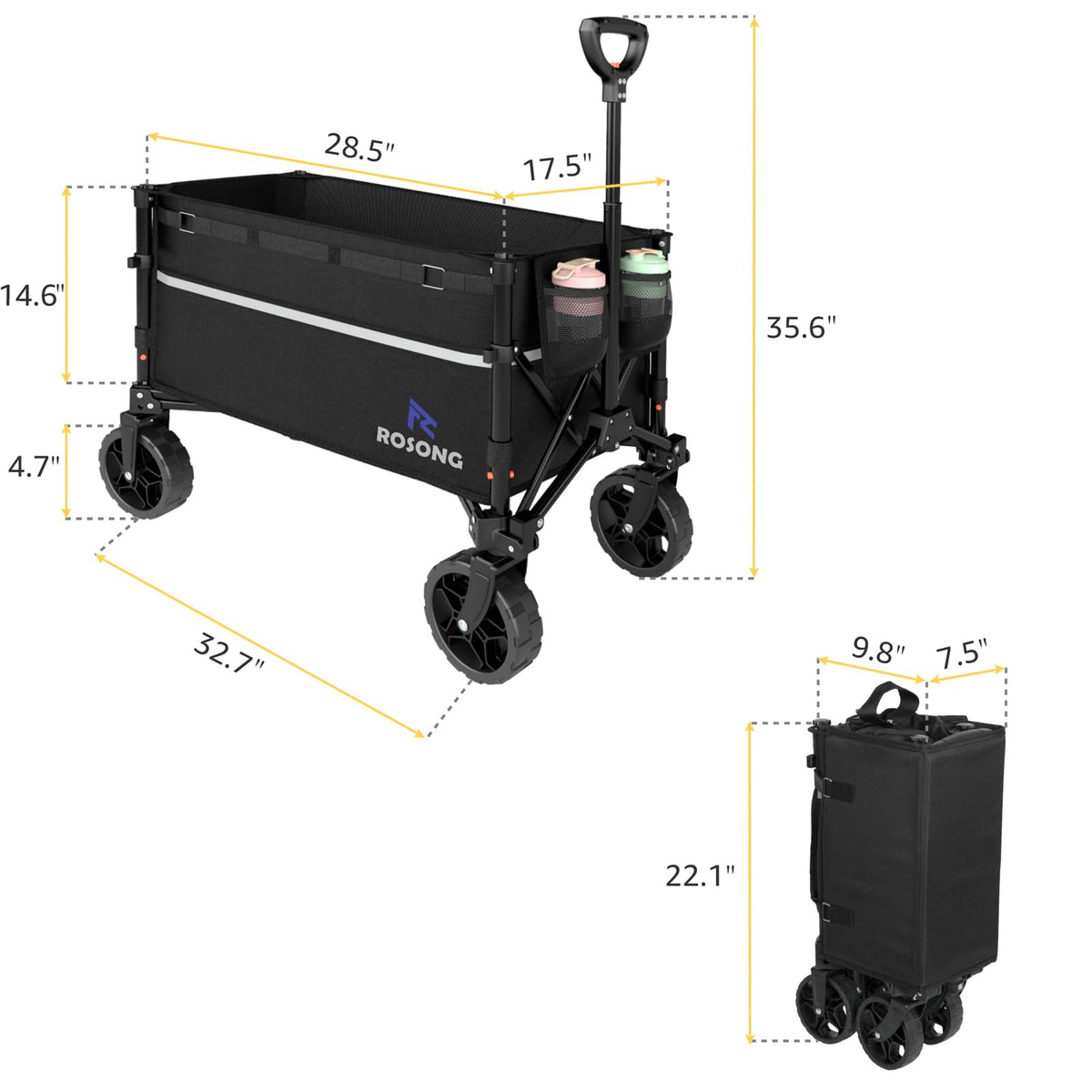 ROSONG Collapsible Wagon Cart with Wheels Foldable - Folding Utility Heavy Duty Wagons Carts for Grocery Sports Garden Shopping Camping Wheelbarrows (Black, 120L)