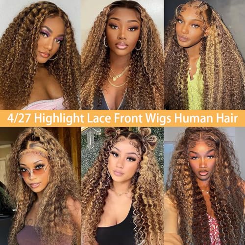 Honey Blonde 13x6 Deep Wave Lace Front Wigs Human Hair 30 inch 4/27 Highlight Ombre Deep Wave HD Transparent Lace Front Wigs Pre Plucked 200% Density Wet And Wavy Curly Lace Frontal Wig for Women