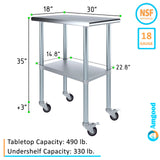 AmGood 30 in. x 18 in. Stainless Steel Work Table with Wheels | Metal Kitchen Food Prep Table | NSF