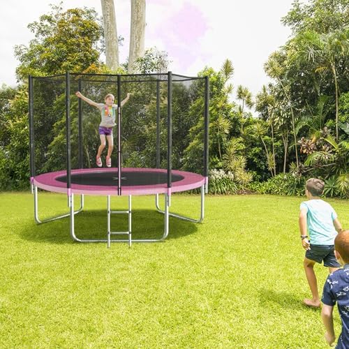 AOTOB 8FT 10FT 12FT 14 FT 15FT Trampoline with Safety Enclosure Net，Outdoor Trampoline with Basketball Hoop, Heavy Duty Jumping Mat and Spring Cover Padding for Kids and Adults, Storage Bag and Ladder