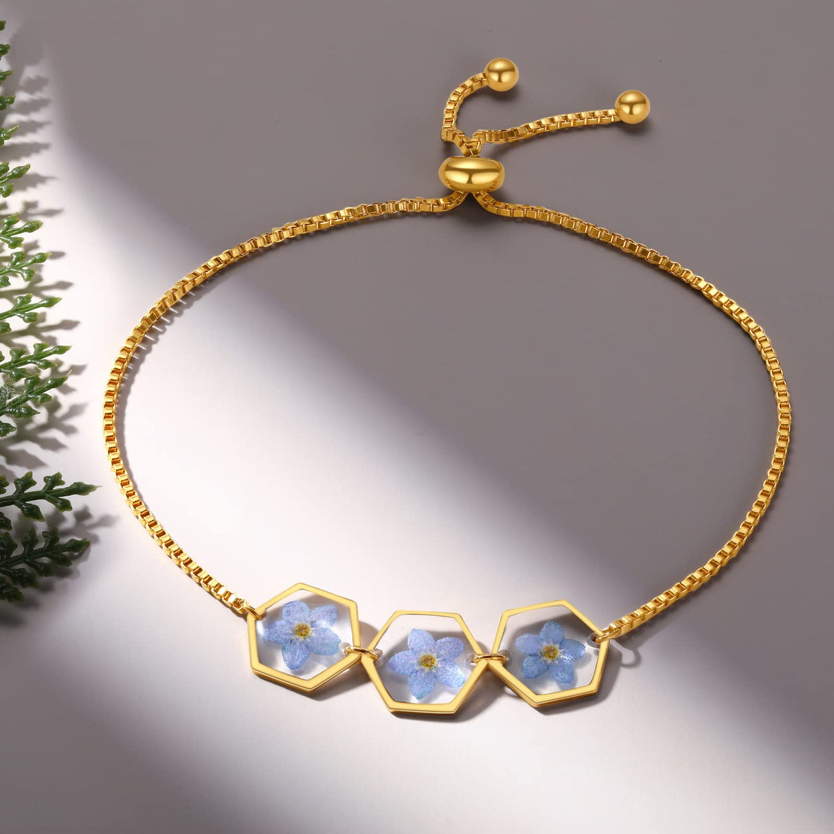 AUNTESIGN Forget-Me-Not Pressed Wildflower Bracelet | Personalized Handmade | Real Wildflowers Jewelry | Alaska State Flower Jewelry | Gold Pressed Flower Bracelet | Gift For Her