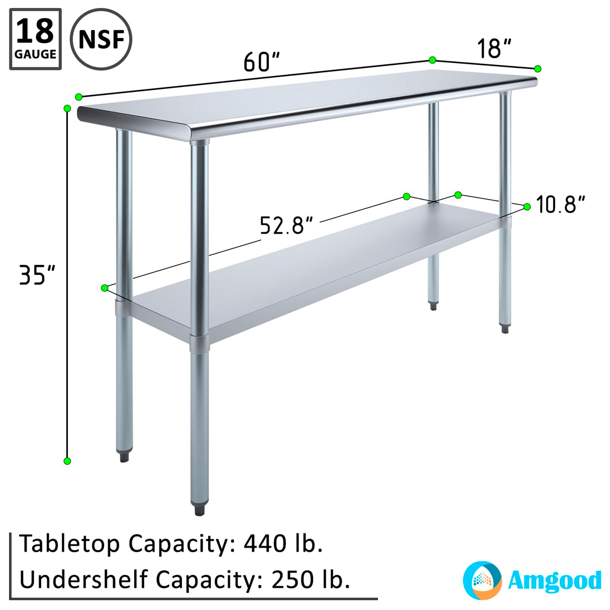 AmGood 18 in. x 60 in. Stainless Steel Work Table | Metal Kitchen Food Prep Table | NSF