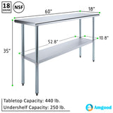 AmGood 18 in. x 60 in. Stainless Steel Work Table | Metal Kitchen Food Prep Table | NSF