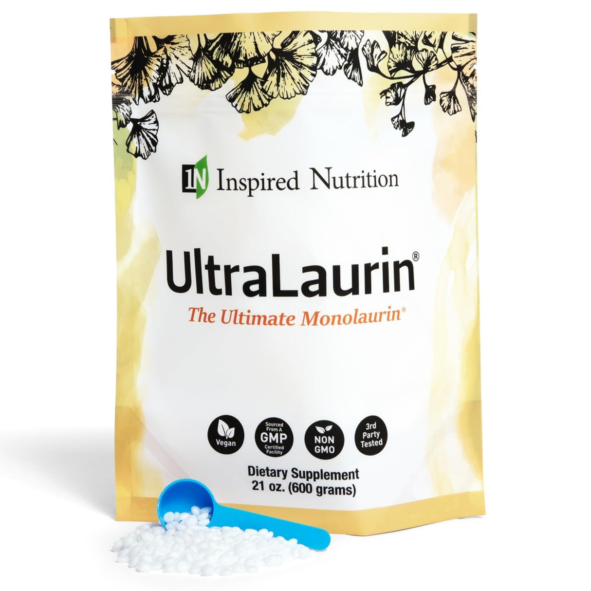 Inspired Nutrition UltraLaurin ® Monolaurin Supplement for Immune Support and Gut Health - Monolaurin Pellets - 21oz - 200 Servings, 3000 mg Each