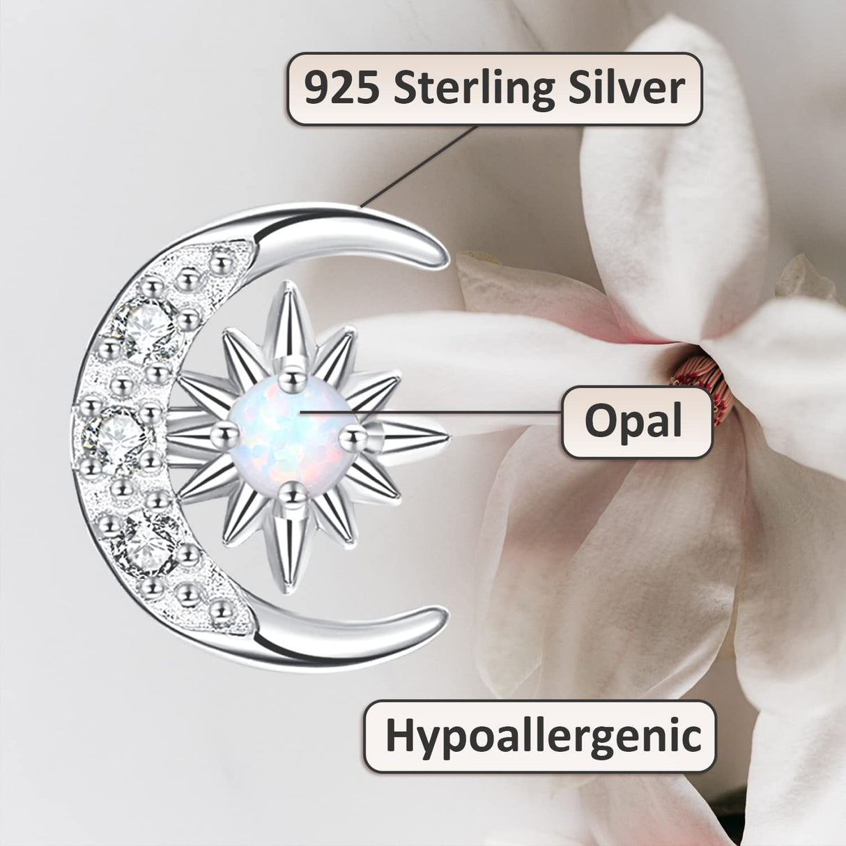 YZSFMZGE Moon and Star Earrings 925 Sterling Silver Opal Stud Earrings for Women - Hypoallergenic Sun and Crescent Moon Jewelry Gift for Sensitive Ears