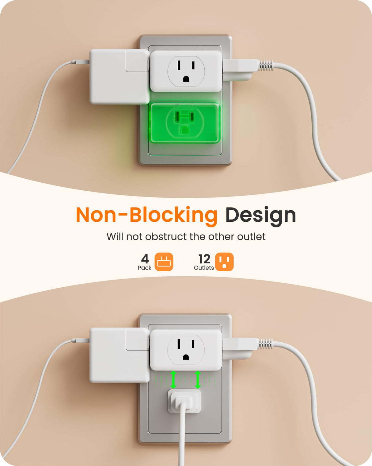 LENCENT 2 Prong to 3 Prong Outlet Adapter,Wall Plug Extender,Multiple Outlet Wall Plug with 3 AC Outlets,Non Grounded Outlets Expander for Japan Travel Kitchen Office Bathroom Older House,4 Pack
