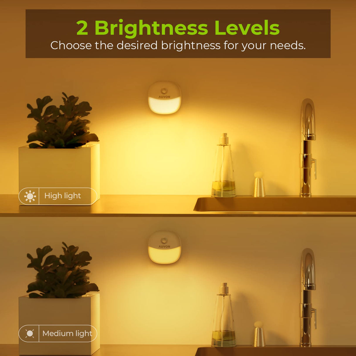 AUVON Rechargeable Battery Night Light, Mini with Motion Sensor, Warm White LED Stick-On Closet Light with Dusk to Dawn Sensor, Adjustable Brightness for Wall, Stairs, Hallway, Cabinet (2 Pack)