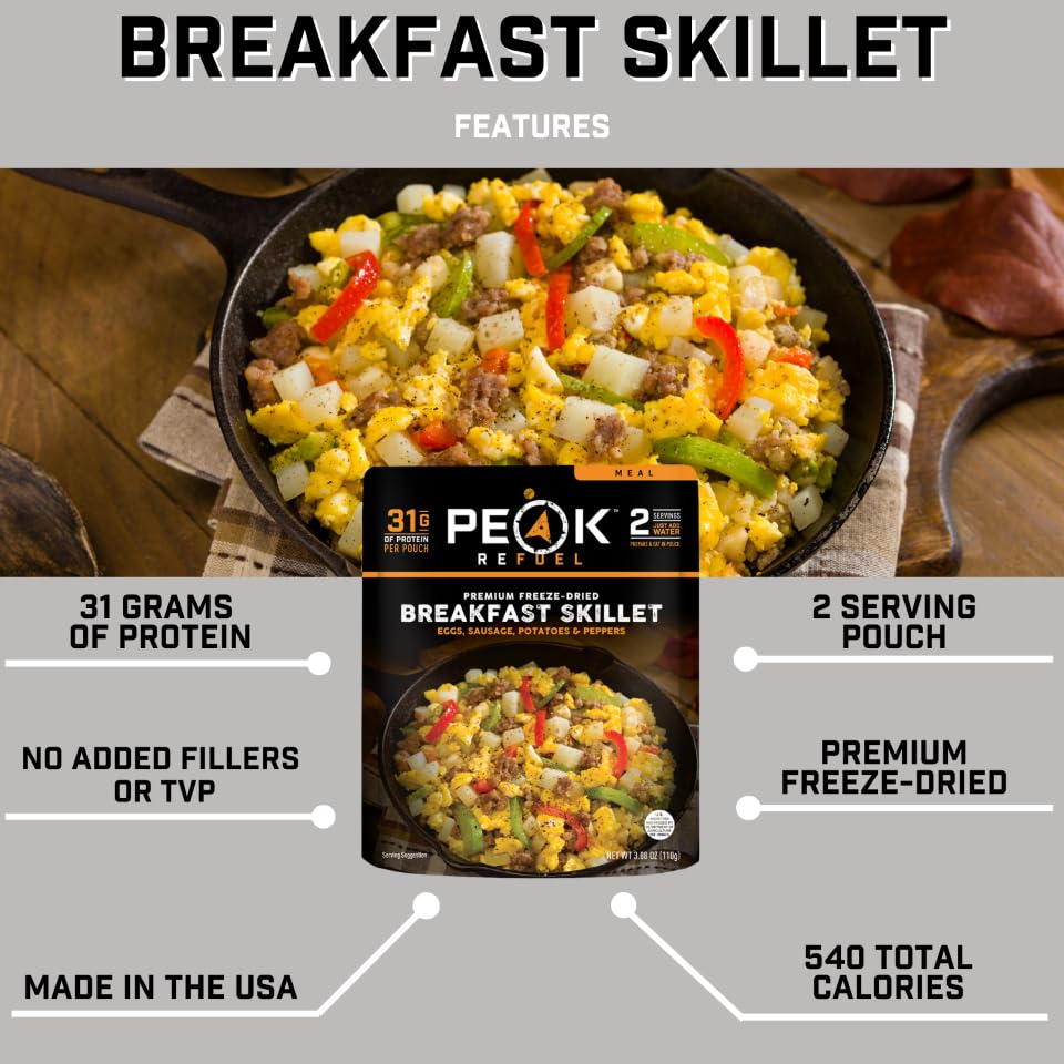 Peak Refuel Breakfast Meals | Freeze Dried Backpacking, Camping & Emergency Prep Food | 2 Servings Pouches (2-Pack, Skillet)