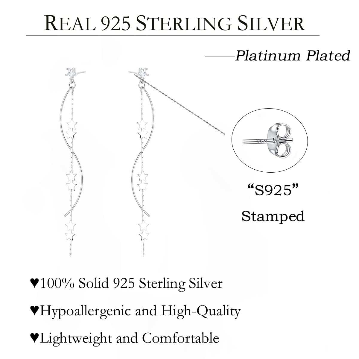 SLUYNZ Sterling Silver Star Dangle Earrings for Women Teens Girls Long Dangle Earrings Chain Curve Spiral Line Earrings Tassel (A-Silver)